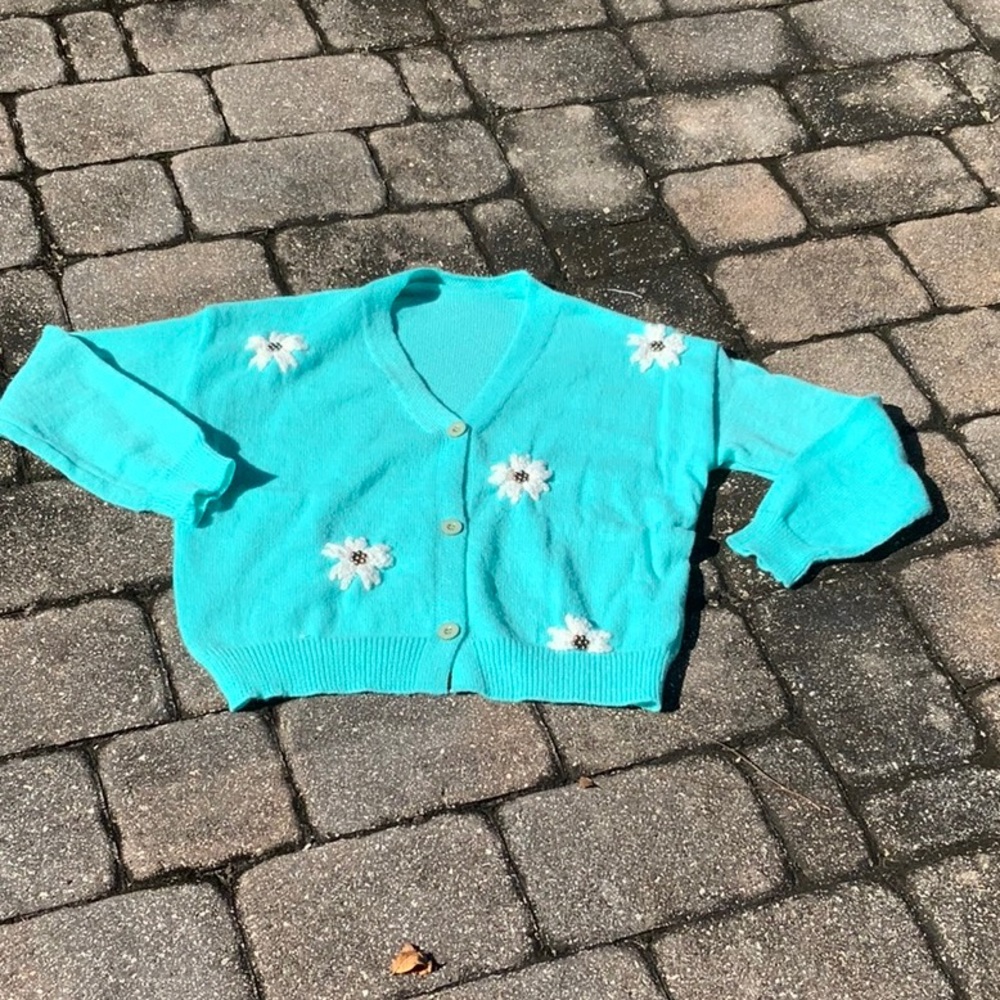 TEAL FLOWER EMBROIDERED WITH BEADS CARDIGAN SWEATER, SIZE LARGE